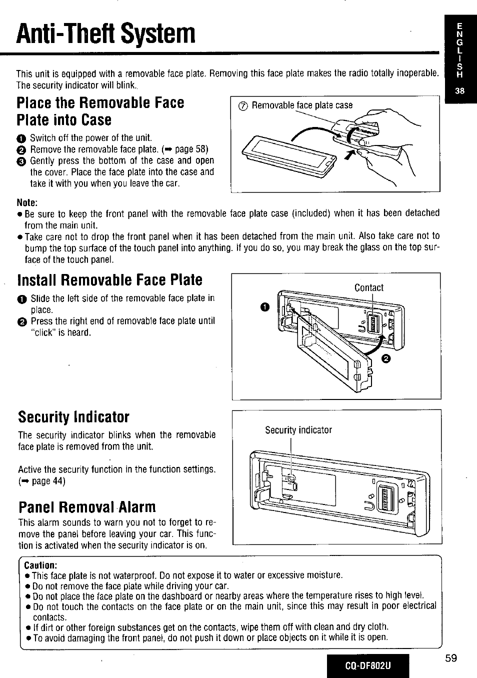 Anti-theft system, Place the removable face plate into case, Note | Install removable face plate, Security indicator, Panel removal alarm, Caution | Panasonic CQ-DF802U User Manual | Page 59 / 150