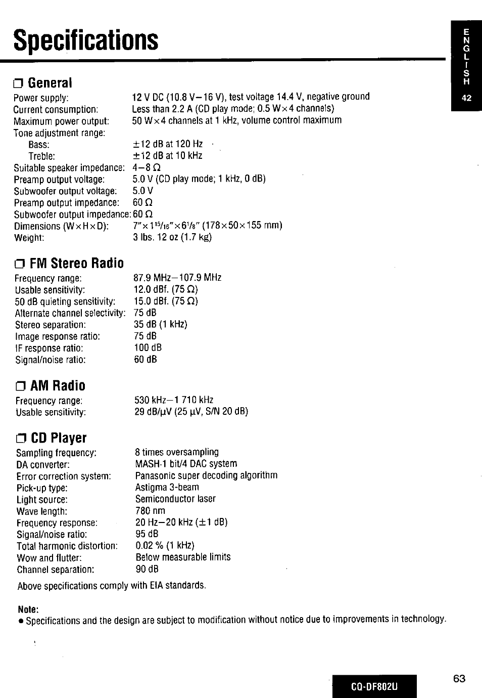 Specifications, General, Fm stereo radio | Am radio, Cd player, Note | Panasonic CQ-DF802U User Manual | Page 63 / 150