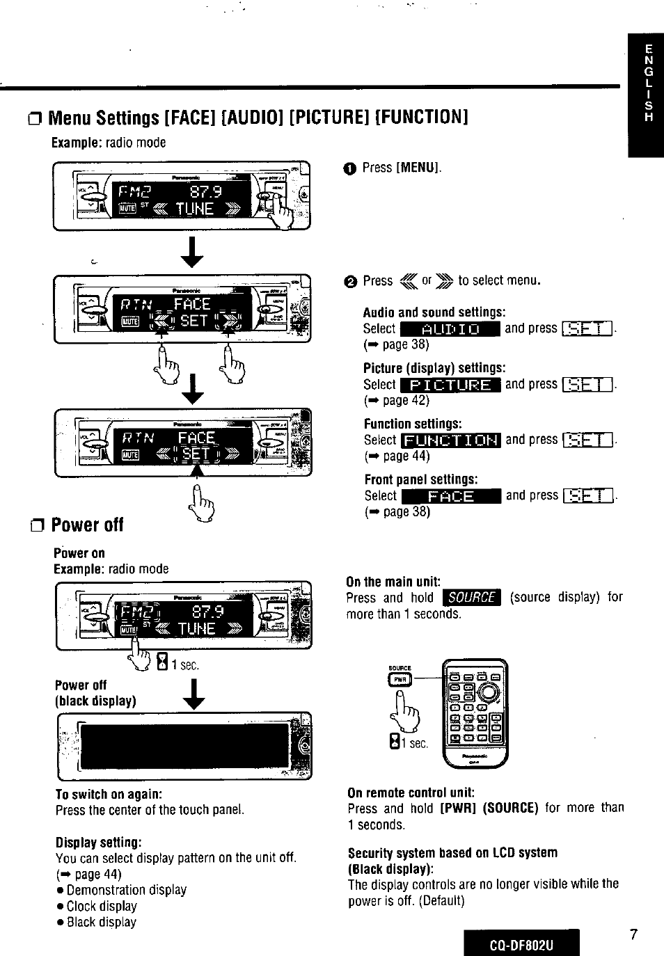 Power off, Display setting, On the main unit | On remote control unit, Menu settings [face] [audio] [picture] [function | Panasonic CQ-DF802U User Manual | Page 7 / 150
