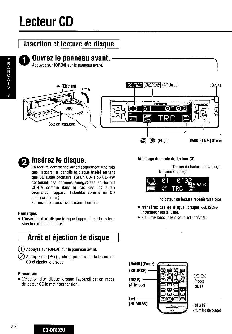 Lecteur cd, Insertion et lecture de disque, Insérez le disque | Arrêt et éjection de disque, O lecteur cd, Ouvrez le panneau avant | Panasonic CQ-DF802U User Manual | Page 72 / 150