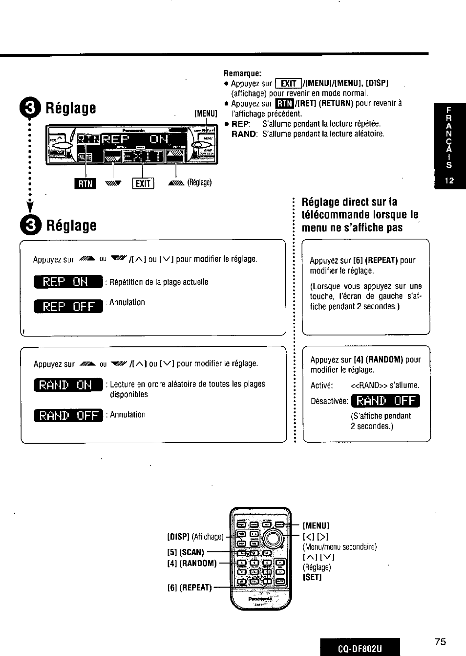 Rep off, Rahd off, Mmwm | Réglage | Panasonic CQ-DF802U User Manual | Page 75 / 150