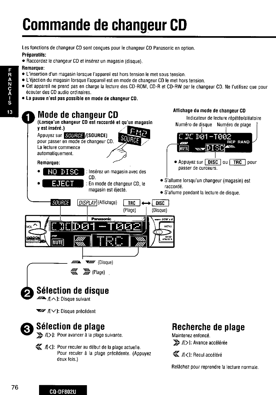 Commande de changeur cd, Mode de changeur cd, No i^isc | Eject, Recherche de plage, Sélection de disque, Sélection de plage | Panasonic CQ-DF802U User Manual | Page 76 / 150