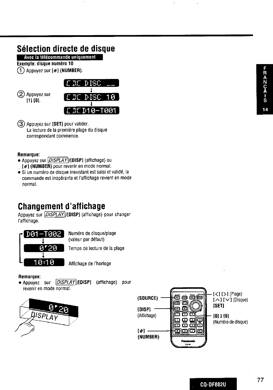 Sélection directe de disque, Ciîci)10-t001, Changement d’affichage | Panasonic CQ-DF802U User Manual | Page 77 / 150