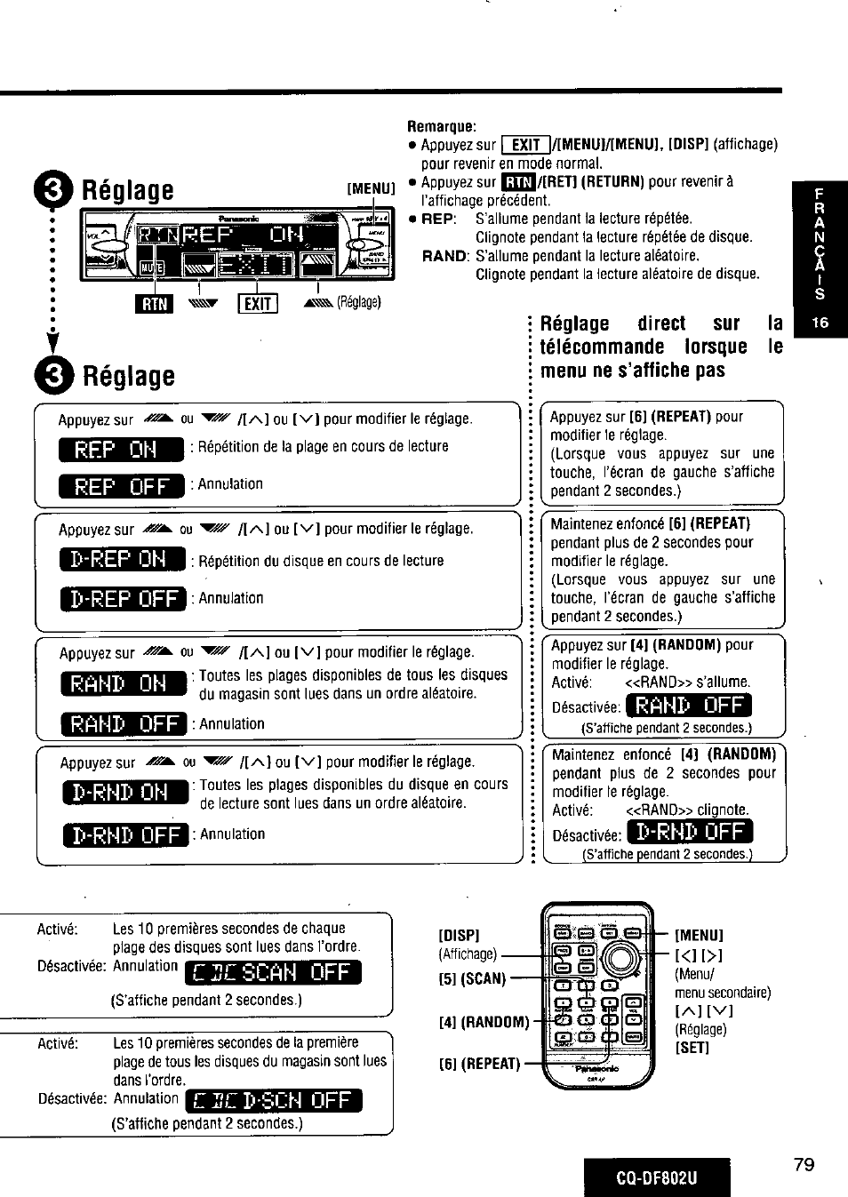 Rep oh, Rep off, Ij-rep oh | Ü-rep off, D-rhi> oh, D-rhd off, I:>-rht off, Cjjrscah off, Cjîcd sœ, Réglage | Panasonic CQ-DF802U User Manual | Page 79 / 150