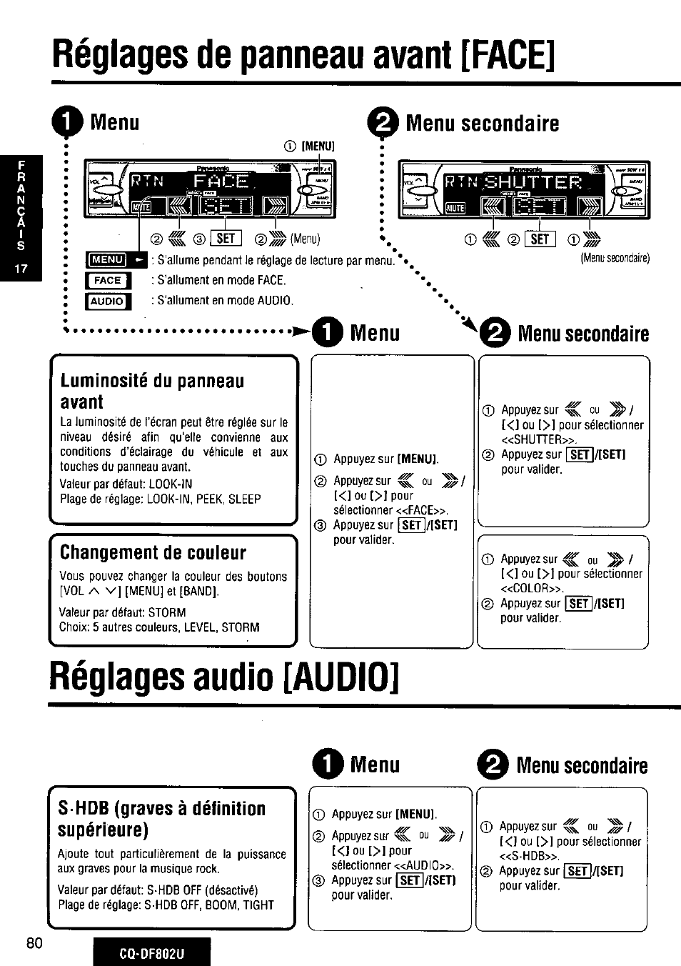 U menu, Menu secondaire, Luminosité du panneau avant | Changement de couleur, Réglages audio [audio, Menu o menu secondaire, G réglages audio [audid, Réglages de panneau avant [face, Menu | Panasonic CQ-DF802U User Manual | Page 80 / 150