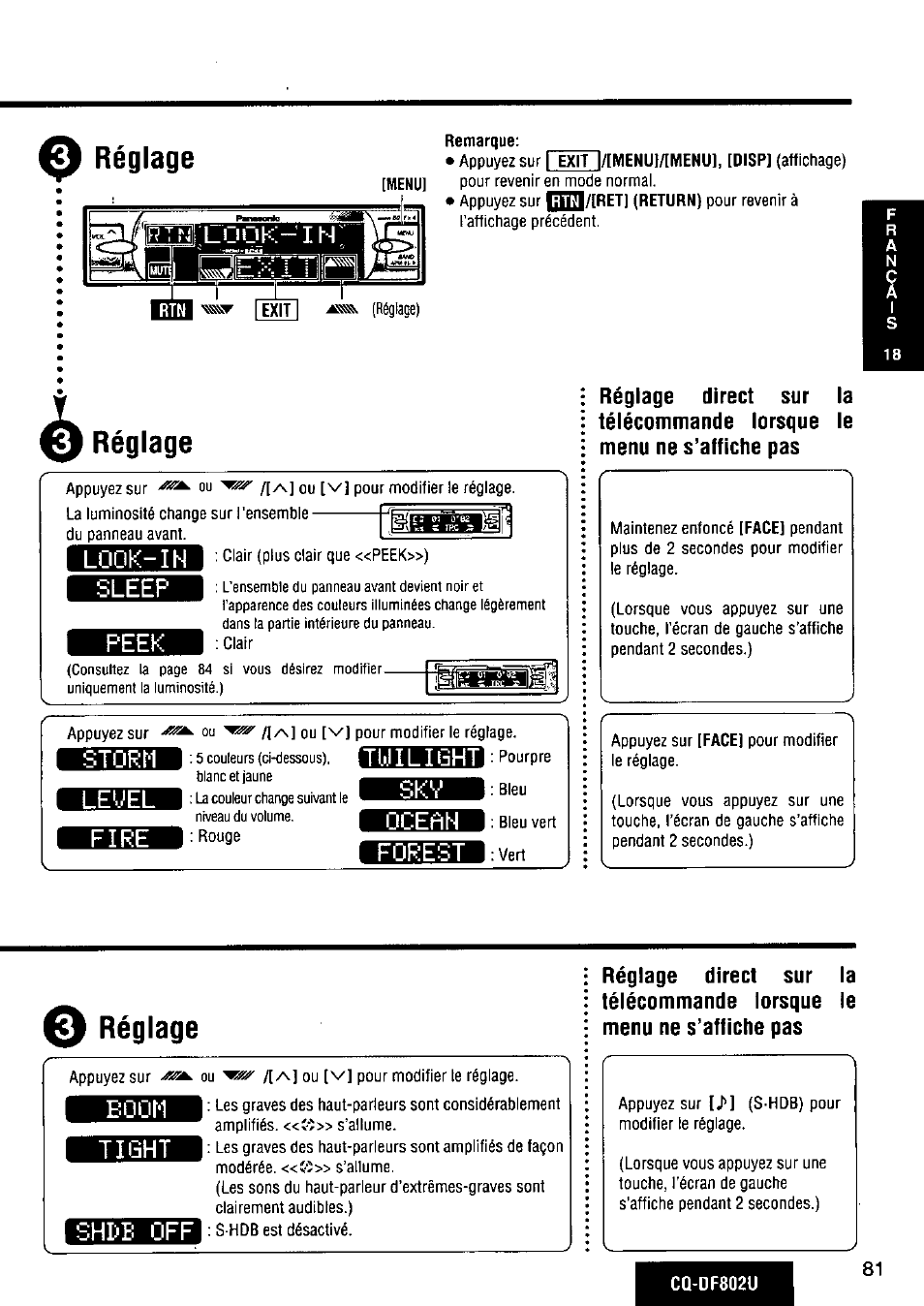 Sleep, Peek, Leuel | Fire, Forest, E réglage, Boom, Tight, Réglage, Sleep peek | Panasonic CQ-DF802U User Manual | Page 81 / 150
