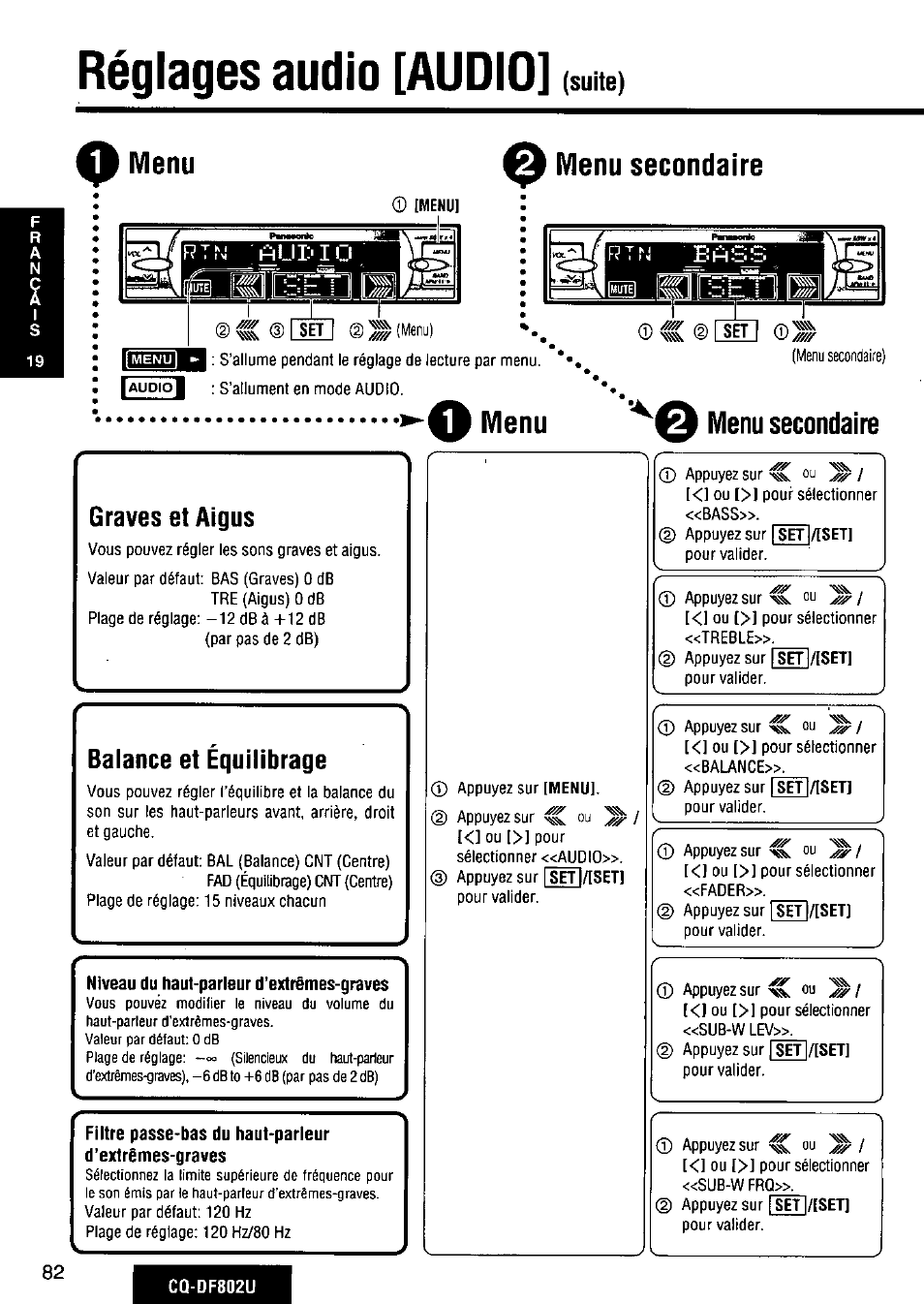 A menu, A menu secondaire, O menu secondaire | Graves et aigus, Balance et équilibrage, Niveau du haut-parleur d’extrêmes-graves, Filtre passe-bas du haut-parleur d’extrêmes-graves, Réglages audio [audio, Suite), A menu a menu secondaire | Panasonic CQ-DF802U User Manual | Page 82 / 150