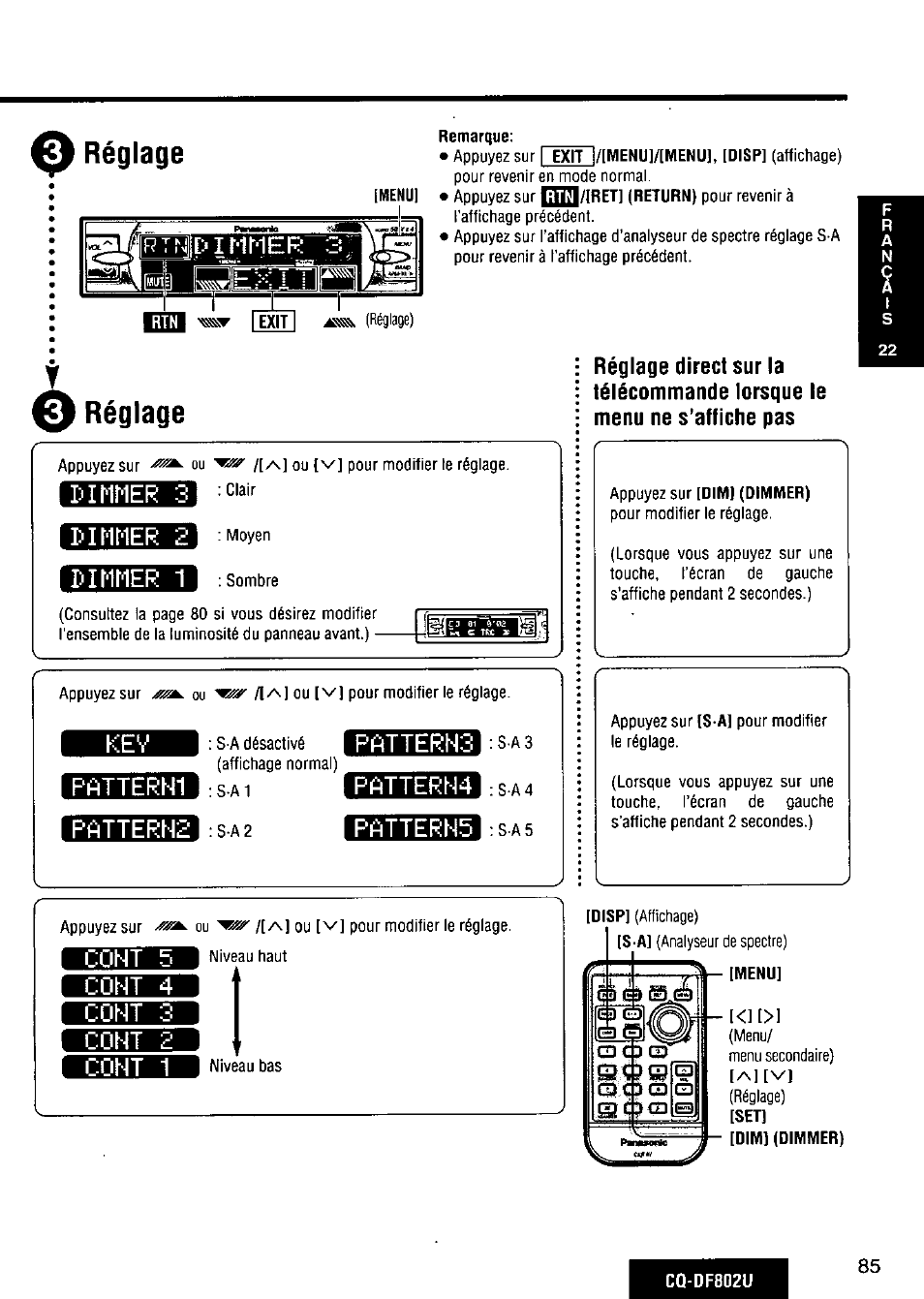 N réglage, Réglage, Dinner 3 | Dinner 1, Pattern1, Patterh2, Patterns, Patterh4, Cont, Coht 4 | Panasonic CQ-DF802U User Manual | Page 85 / 150