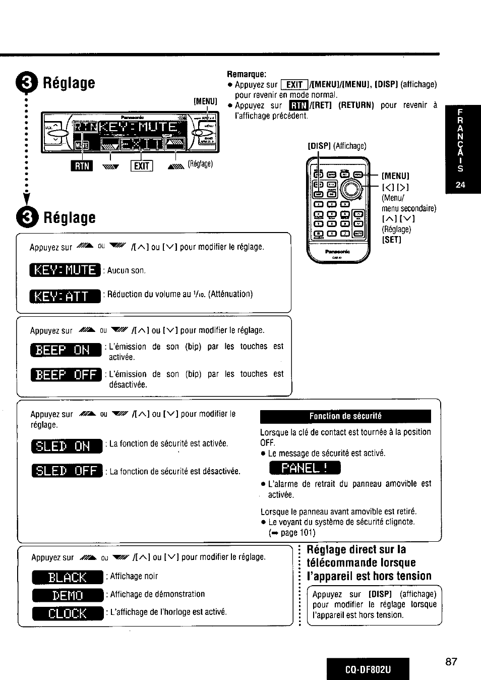 O réglage, Réglage, Kevinute | Keviatt, Eeep on, Beep off, Slei' off, Panel, Black, Terio | Panasonic CQ-DF802U User Manual | Page 87 / 150