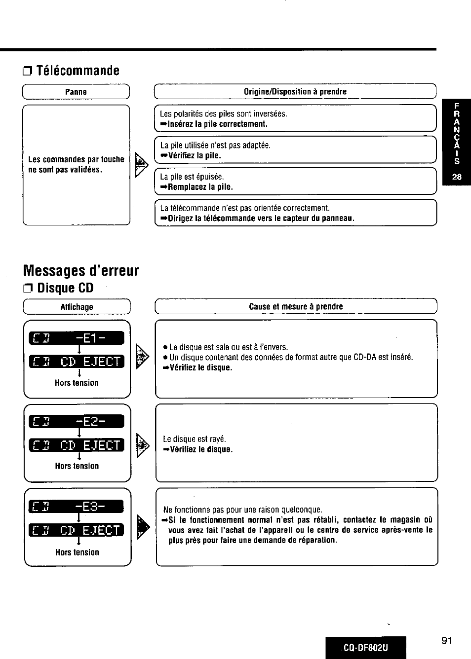Télécommande, Messages d’erreur, Disque cd | Ciî cp eject, M -e3, Ciï cp eject, E1- ciî cp eject, Cp eject, E3- ciï cp eject | Panasonic CQ-DF802U User Manual | Page 91 / 150