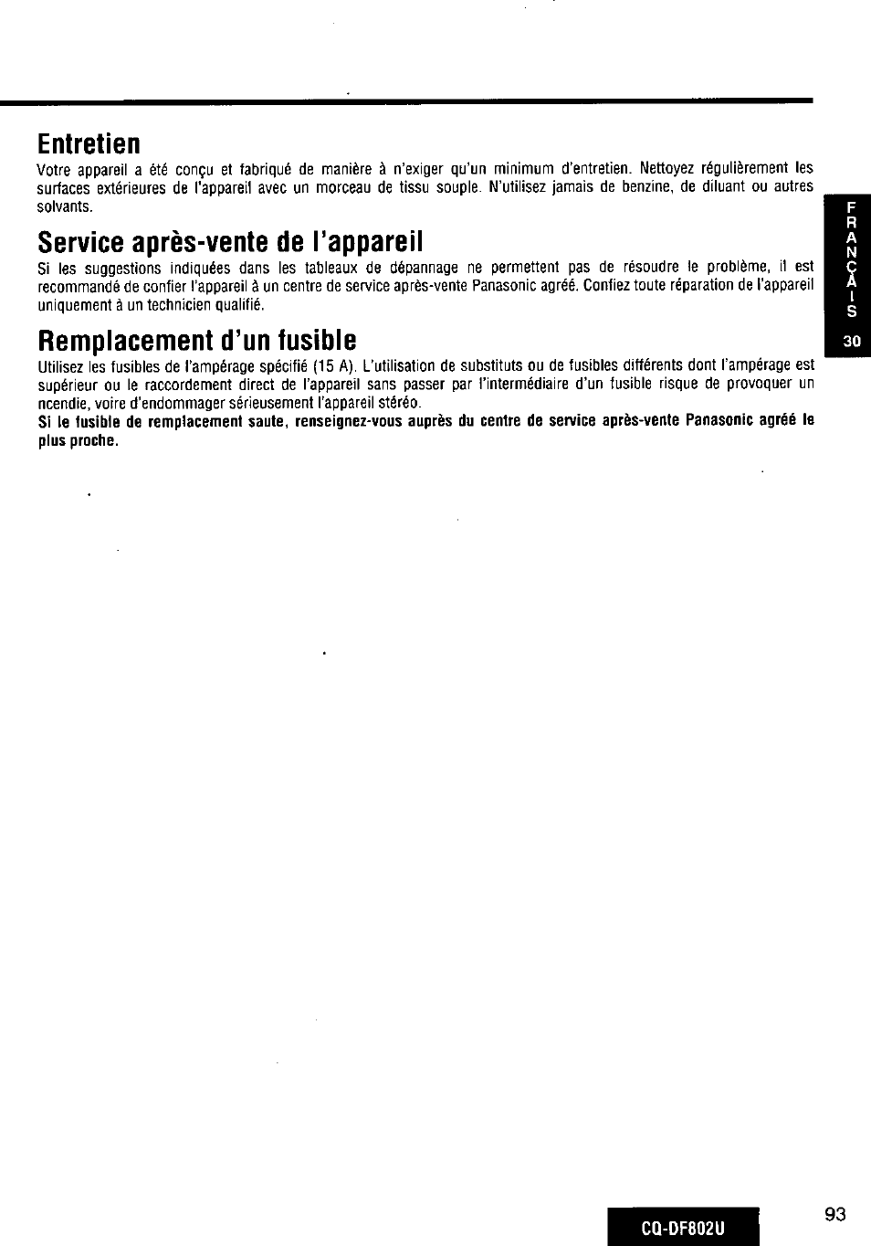 Entretien, Service après-vente de l’appareil, Remplacement d’un fusible | Panasonic CQ-DF802U User Manual | Page 93 / 150