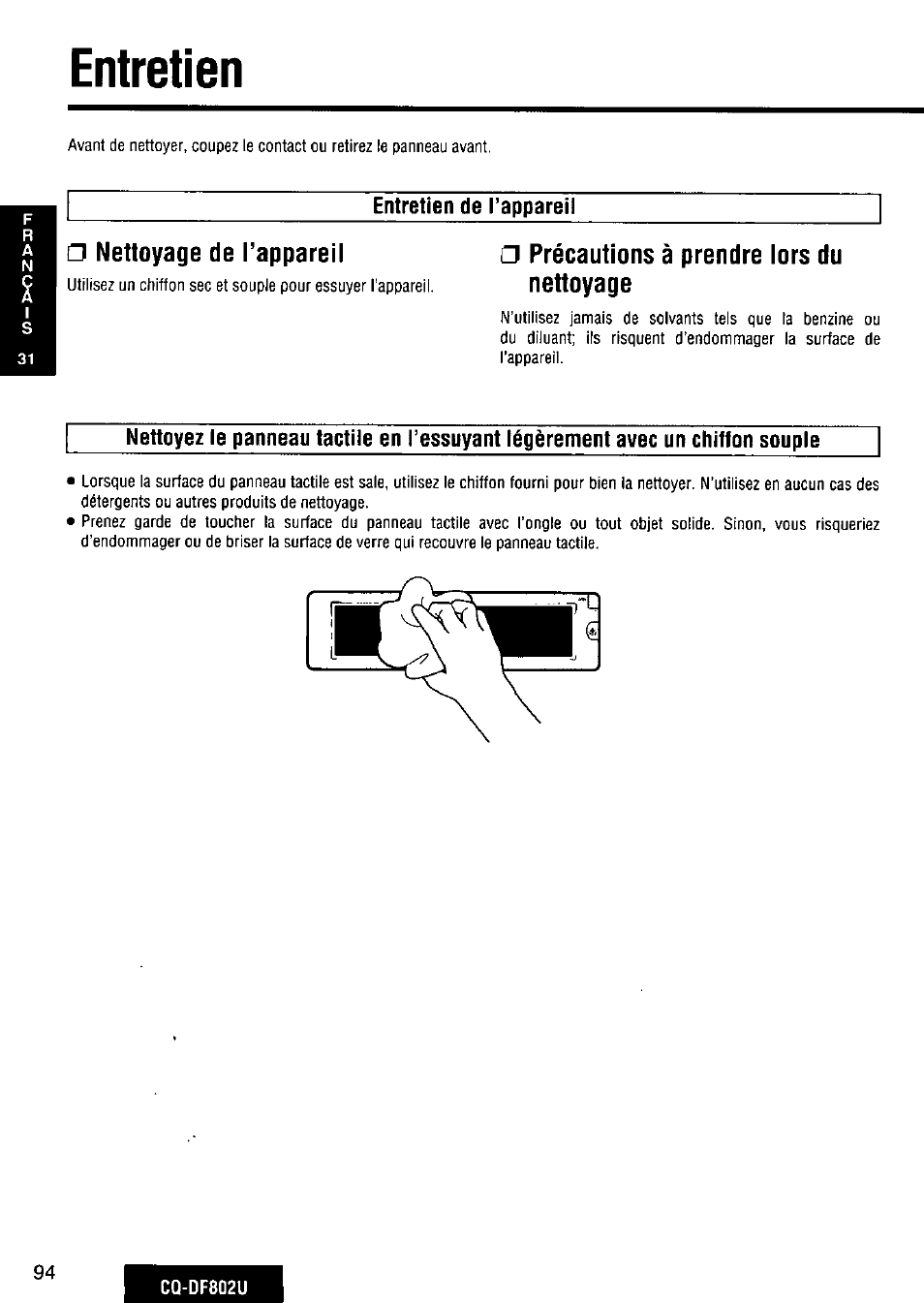Entretien, Nettoyage | Panasonic CQ-DF802U User Manual | Page 94 / 150