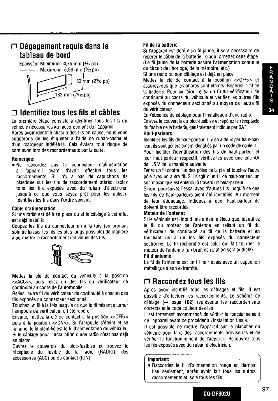 Dégagement requis dans le tableau de bord, Identifiez tous les fils et câbles, Raccordez tous les fils | Panasonic CQ-DF802U User Manual | Page 97 / 150