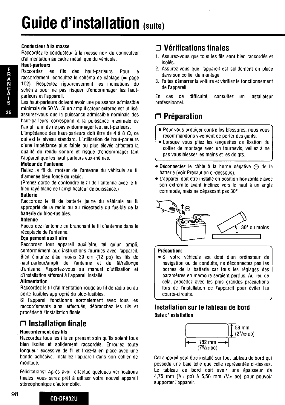 Conducteur à la masse, Installation finale, Vérifications finales | Préparation, Installation sur le tableau de bord, Guide d’installation, Suite) | Panasonic CQ-DF802U User Manual | Page 98 / 150