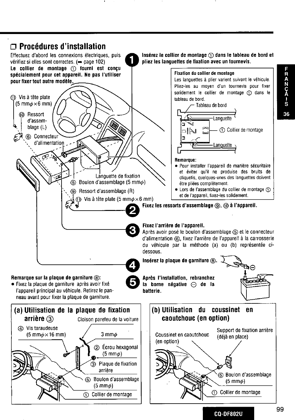 Procédures d’installation, Fixez [’arrière de l’appareil | Panasonic CQ-DF802U User Manual | Page 99 / 150