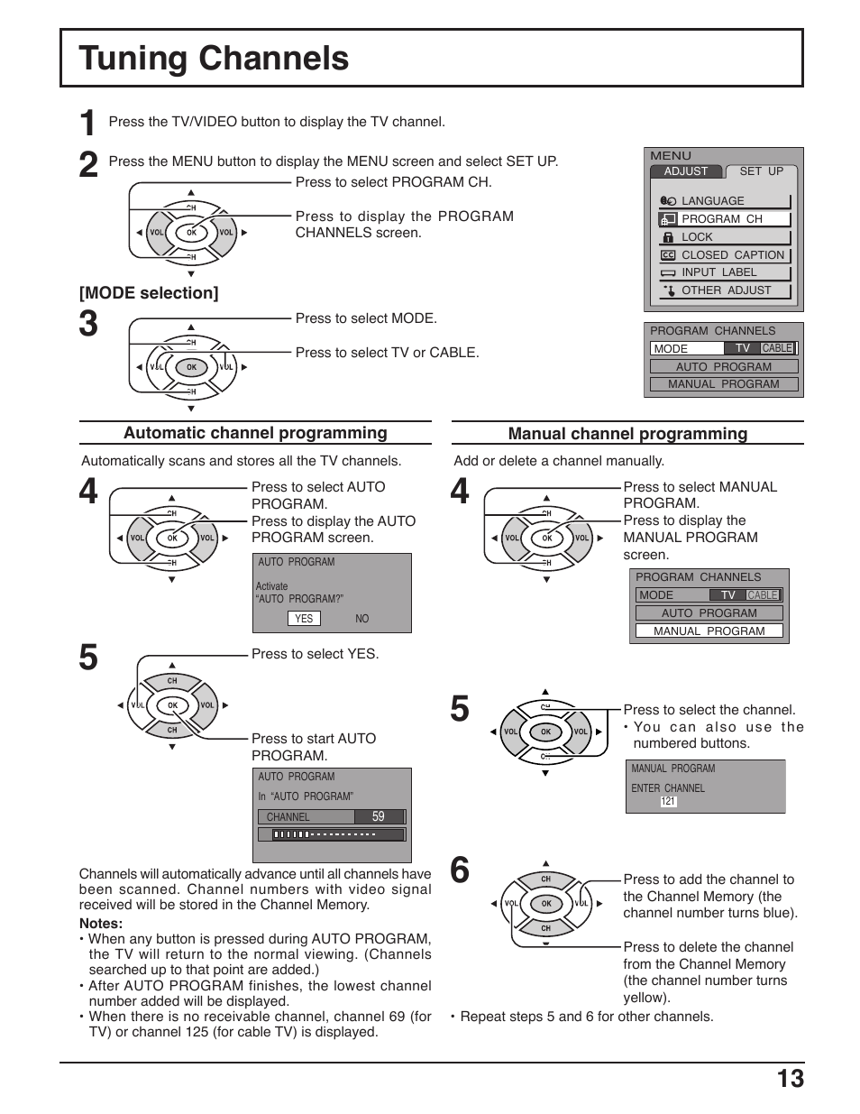 Tuning channels | Panasonic C-20LA5 User Manual | Page 13 / 32