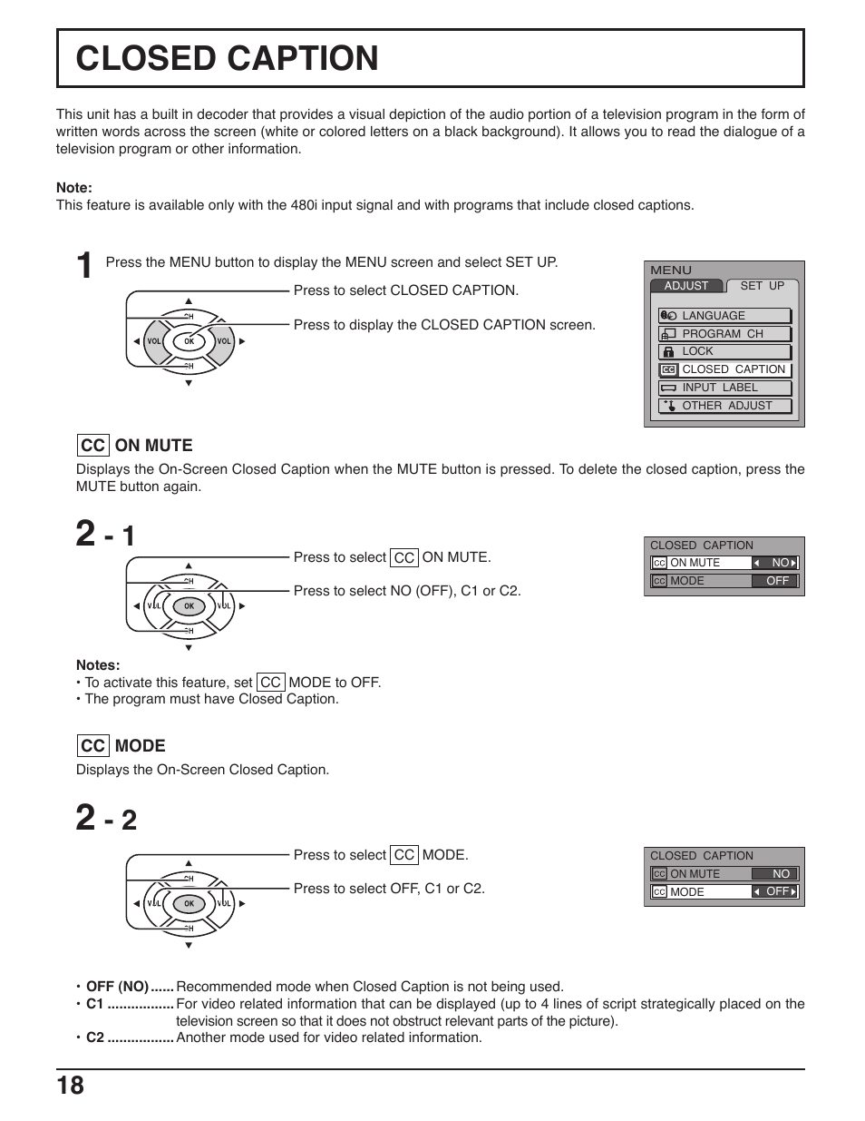 Closed caption | Panasonic C-20LA5 User Manual | Page 18 / 32