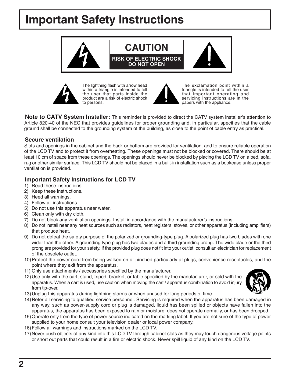 Important safety instructions, Caution | Panasonic C-20LA5 User Manual | Page 2 / 32