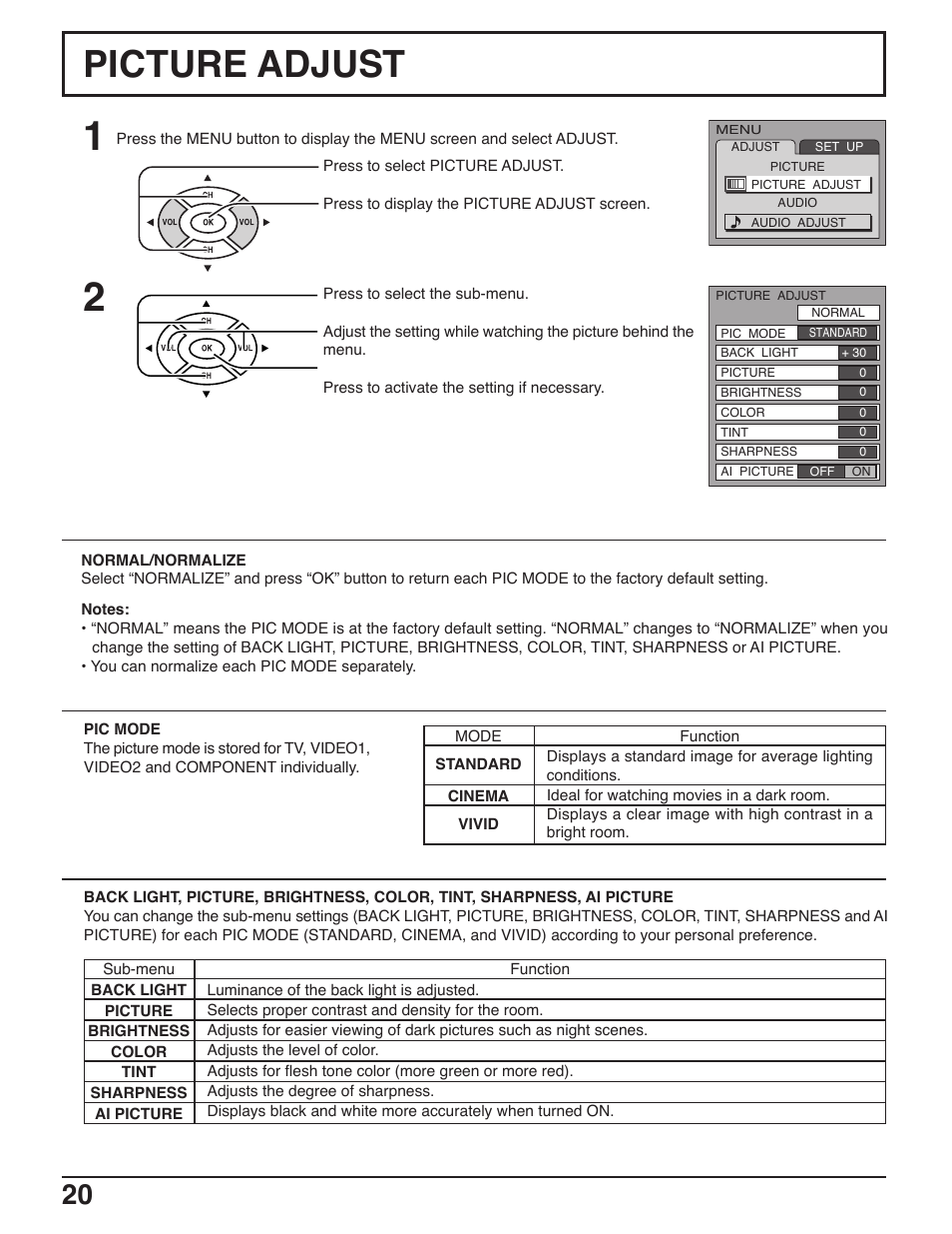 Picture adjust | Panasonic C-20LA5 User Manual | Page 20 / 32
