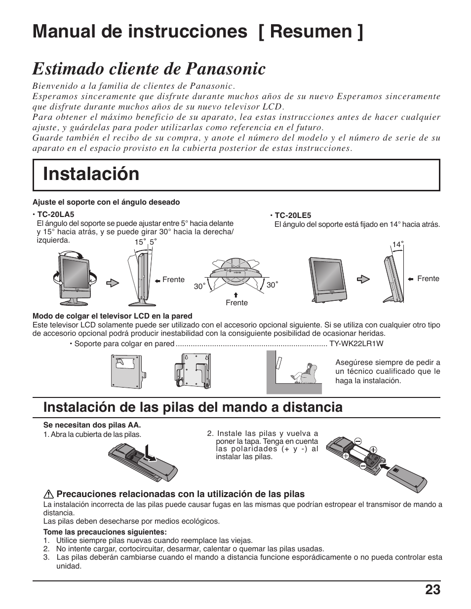 Manuel de instrucciones (resumen), Instalacion, Instalacion de las pilas del mando a distancia | Estimado cliente de panasonic, Manual de instrucciones [ resumen, Instalación, Instalación de las pilas del mando a distancia | Panasonic C-20LA5 User Manual | Page 23 / 32