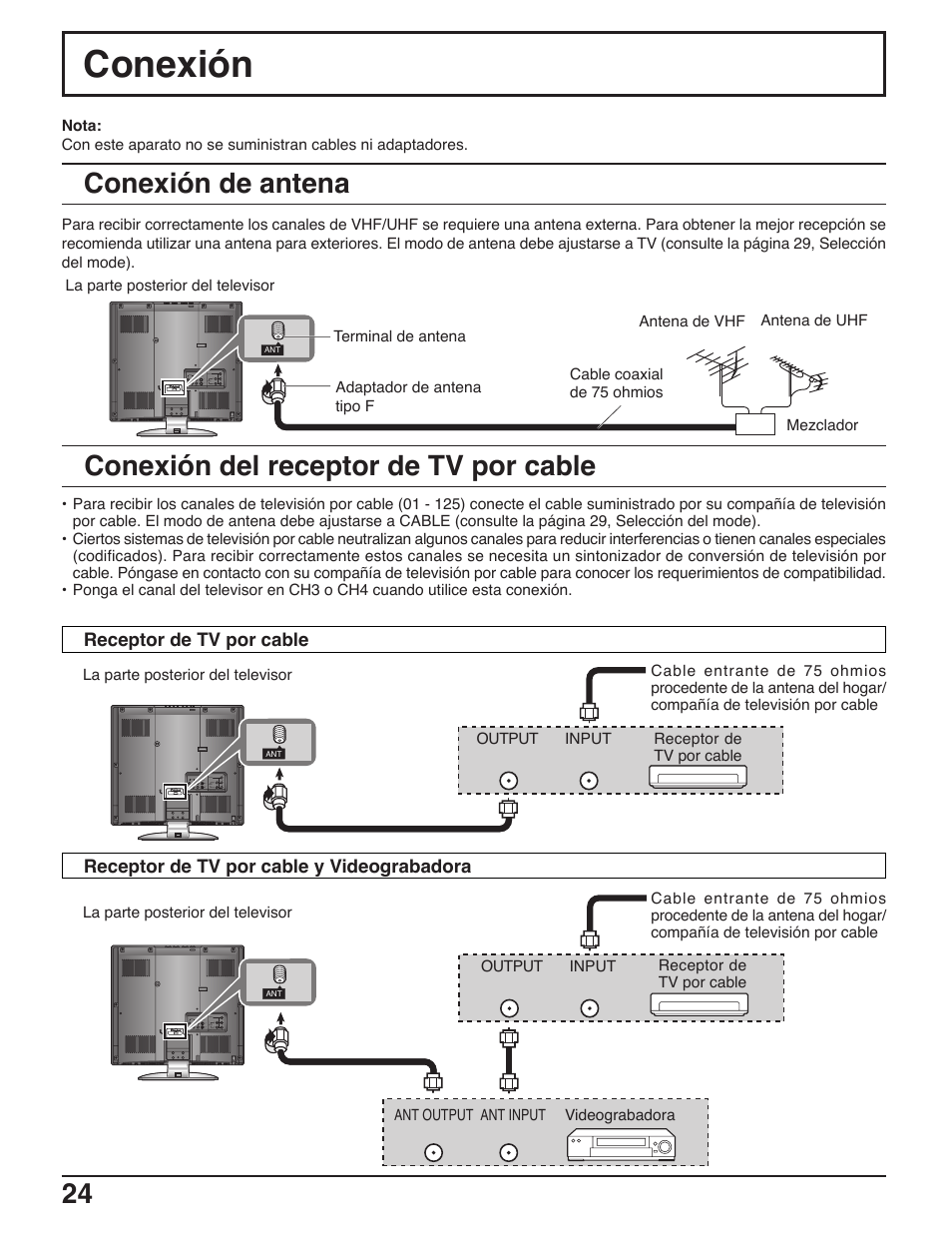 Conexion, Conexion de antena, Conexion del receptor de tv por cable | Conexión, Conexión de antena, Conexión del receptor de tv por cable | Panasonic C-20LA5 User Manual | Page 24 / 32