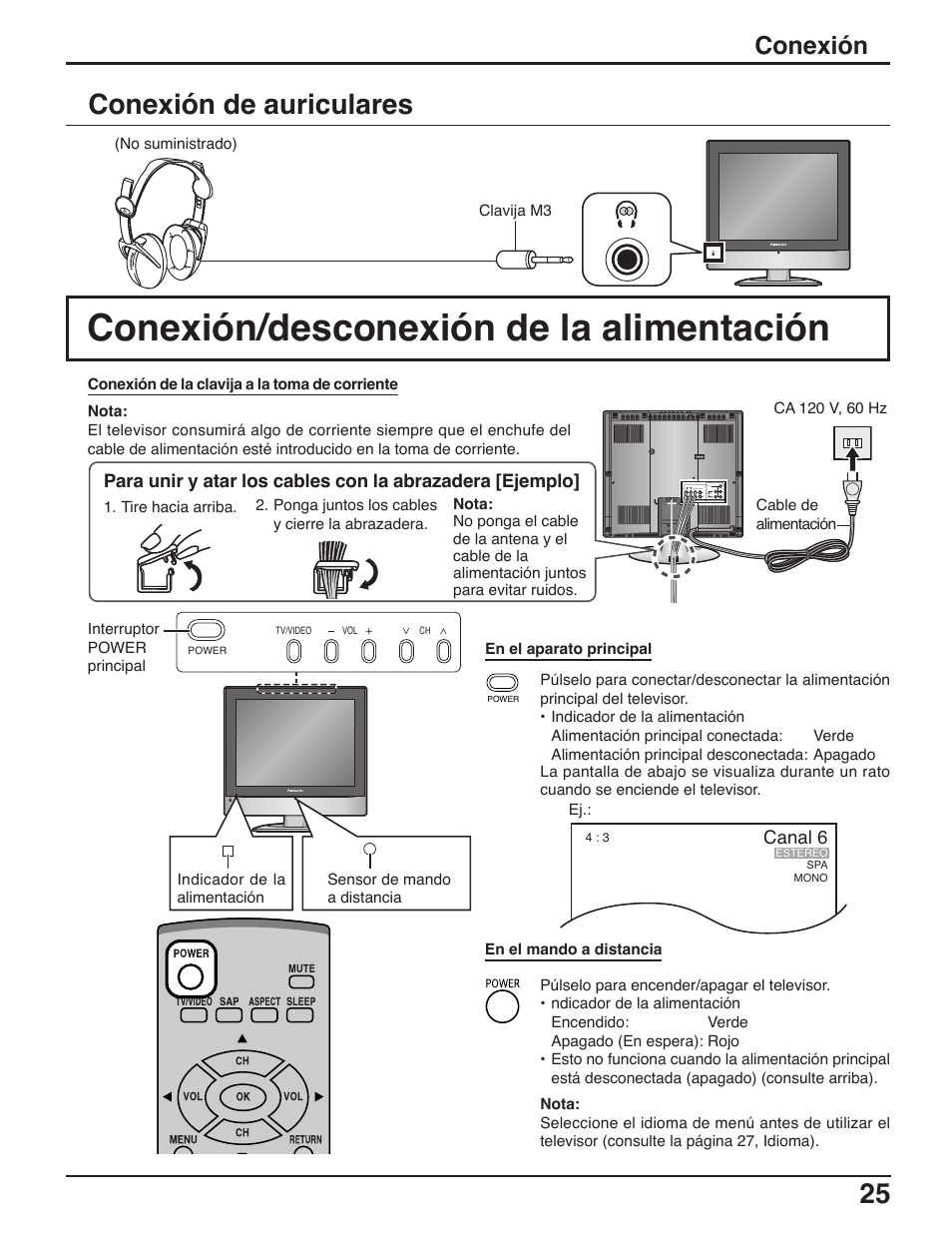 Conexion de auriculares, Conexion/desconexion de la alimentacion, Conexión/desconexión de la alimentación | Conexión de auriculares, Conexión | Panasonic C-20LA5 User Manual | Page 25 / 32