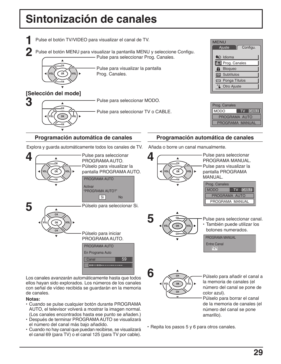 Sintonizacion de canales, Sintonización de canales | Panasonic C-20LA5 User Manual | Page 29 / 32