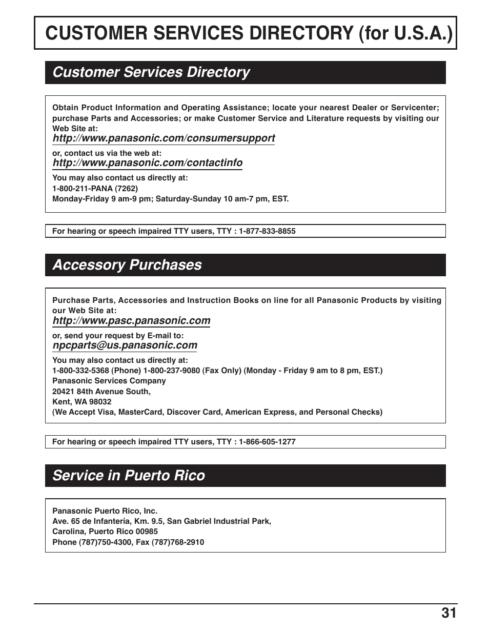 Customer services directory (for u.s.a, Customer services directory (for u.s.a.), Customer services directory | Accessory purchases, Service in puerto rico | Panasonic C-20LA5 User Manual | Page 31 / 32