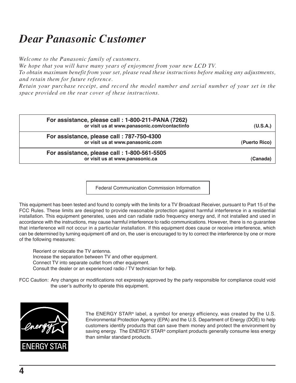 Dear panasonic customer | Panasonic C-20LA5 User Manual | Page 4 / 32