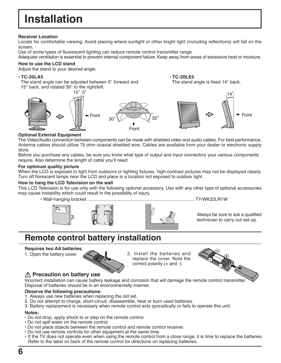 Installation, Remote control battery installation | Panasonic C-20LA5 User Manual | Page 6 / 32