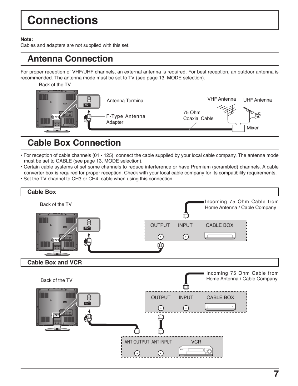 Connections, Antenna connection, Cable box connection | Panasonic C-20LA5 User Manual | Page 7 / 32