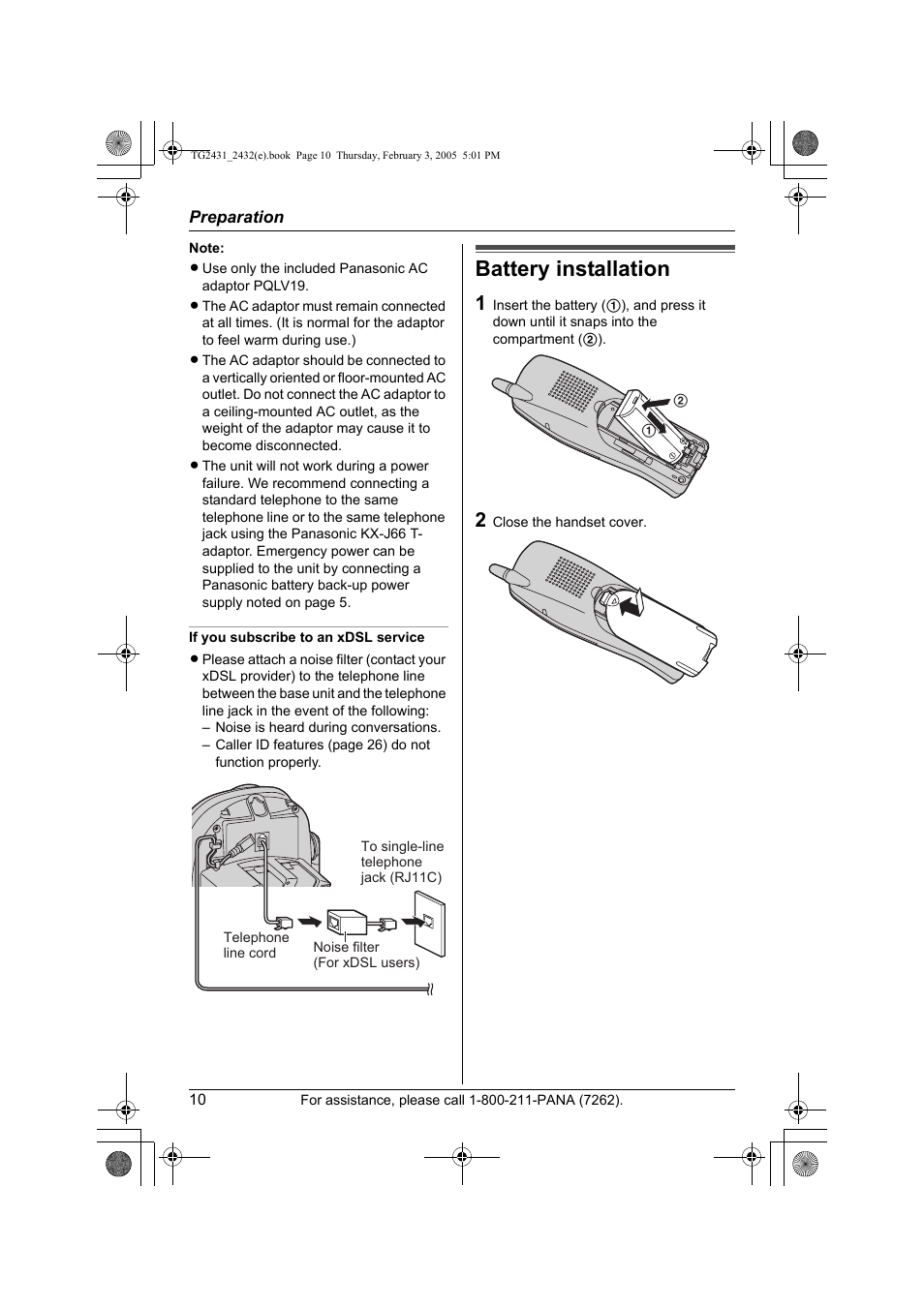 Battery installation | Panasonic KX-TG2431. User Manual | Page 10 / 72