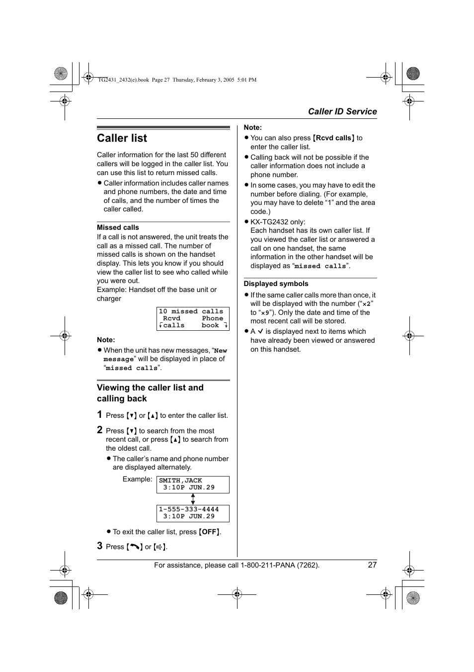 Caller list, Viewing the caller list and calling back | Panasonic KX-TG2431. User Manual | Page 27 / 72