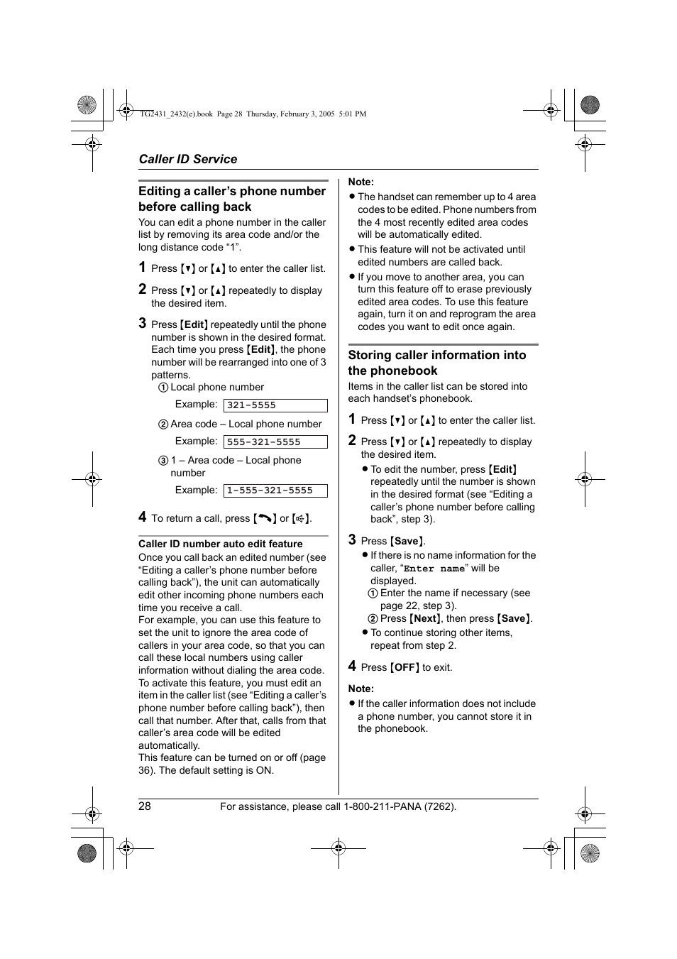 Storing caller information into the phonebook | Panasonic KX-TG2431. User Manual | Page 28 / 72
