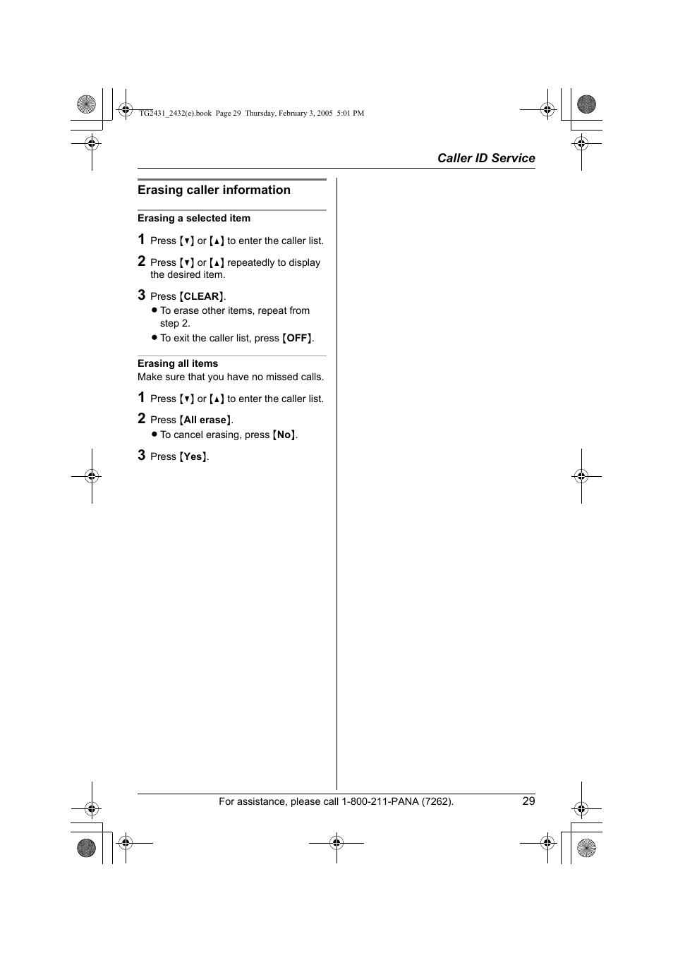 Erasing caller information | Panasonic KX-TG2431. User Manual | Page 29 / 72