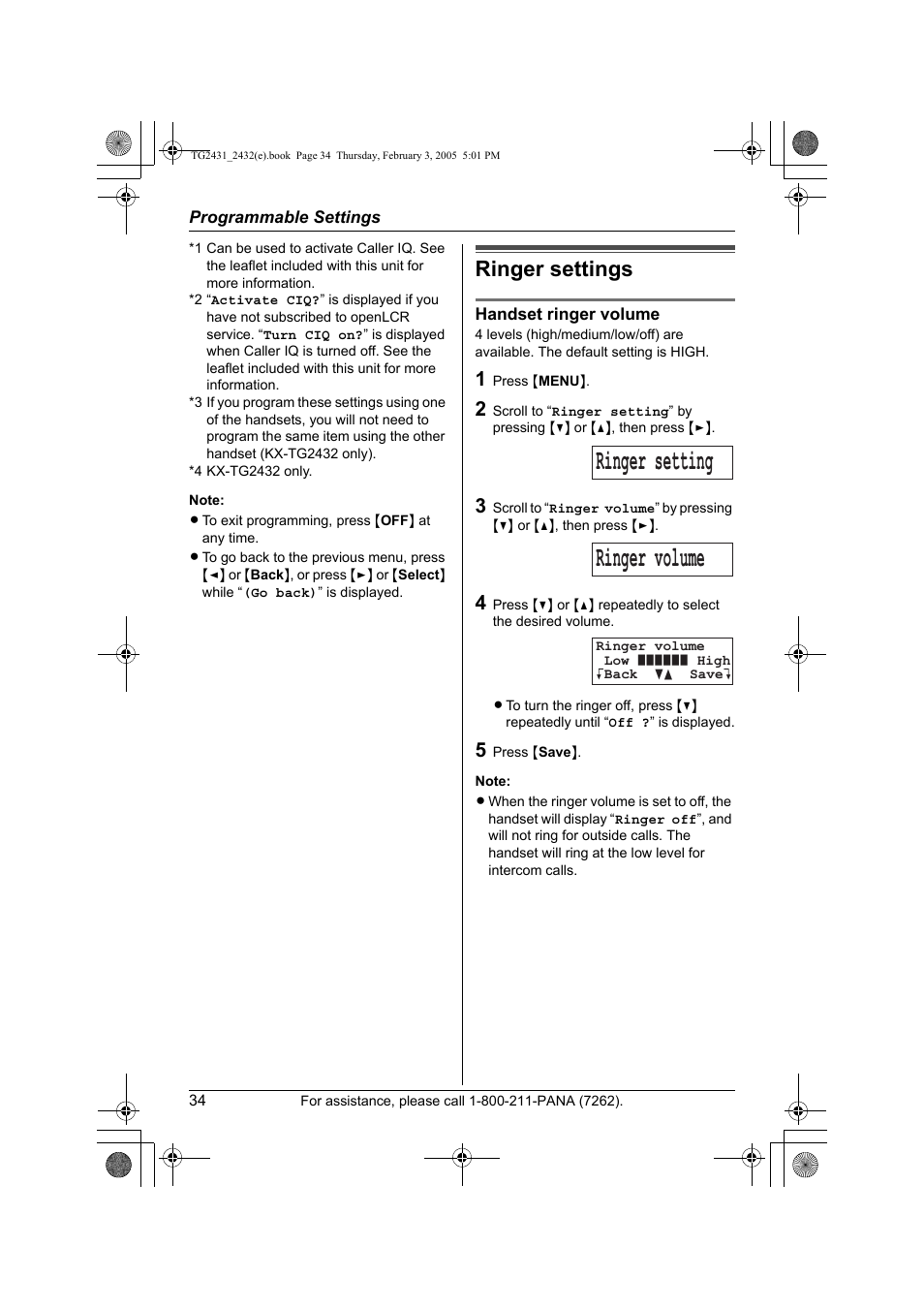 Ringer settings, Ringer setting ringer volume | Panasonic KX-TG2431. User Manual | Page 34 / 72