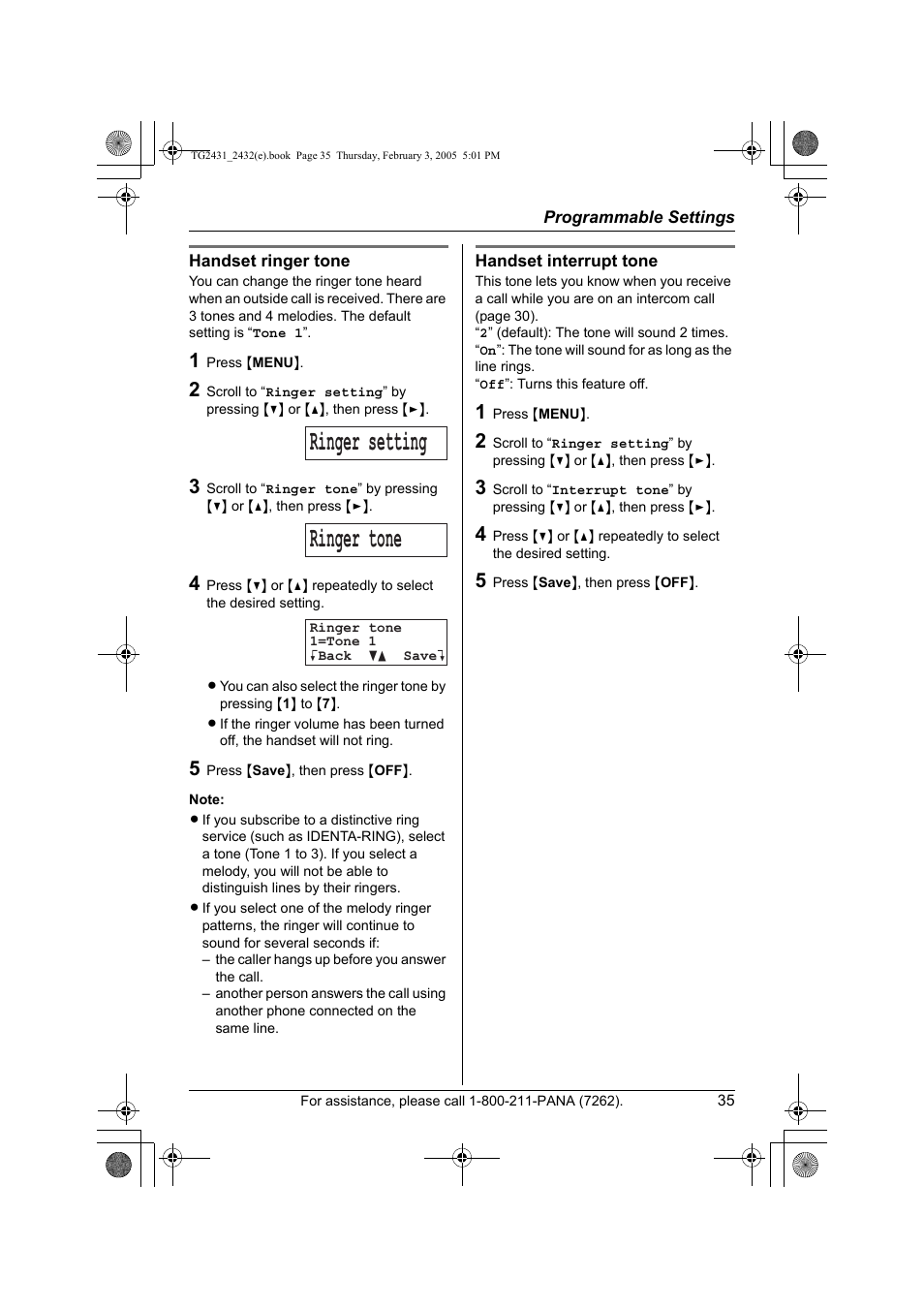 Ringer setting ringer tone | Panasonic KX-TG2431. User Manual | Page 35 / 72
