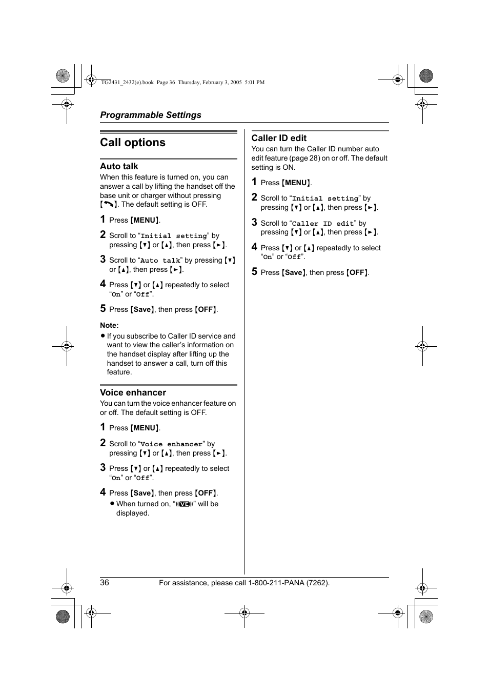Call options | Panasonic KX-TG2431. User Manual | Page 36 / 72