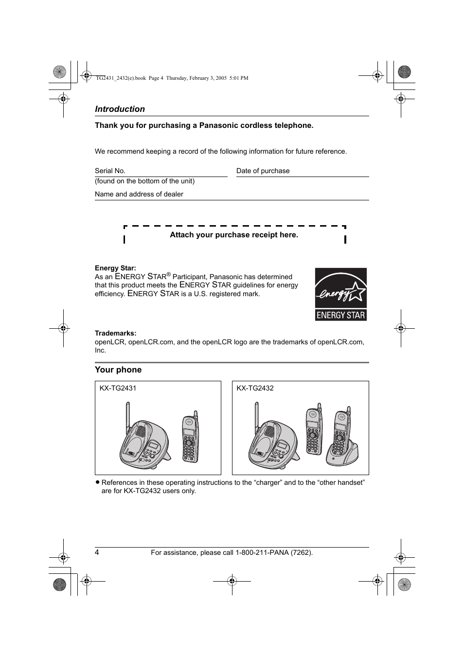 Introduction, Your phone | Panasonic KX-TG2431. User Manual | Page 4 / 72