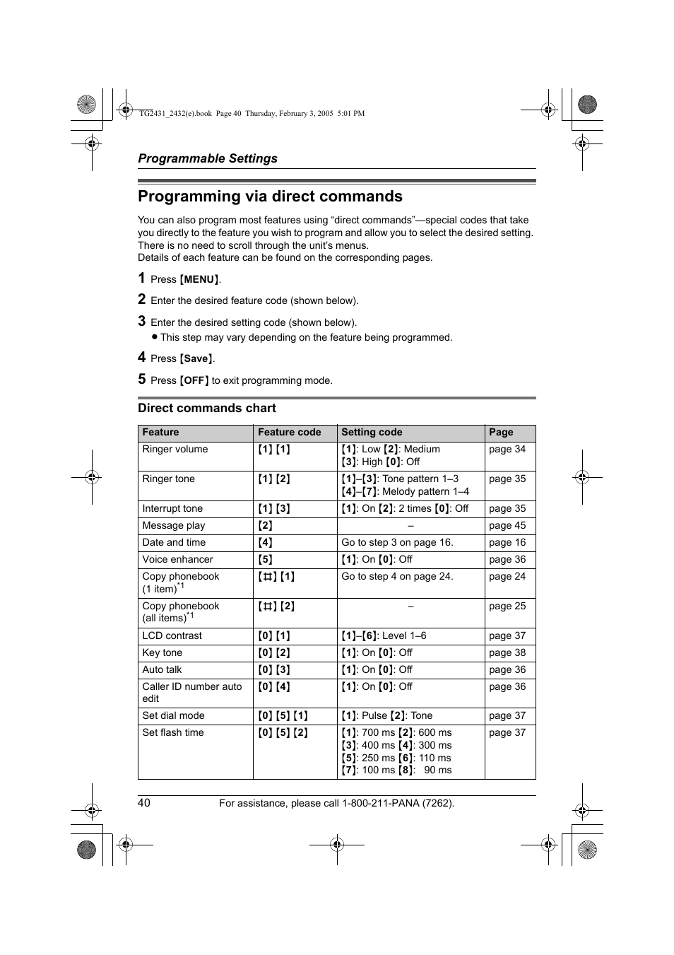 Programming via direct commands | Panasonic KX-TG2431. User Manual | Page 40 / 72