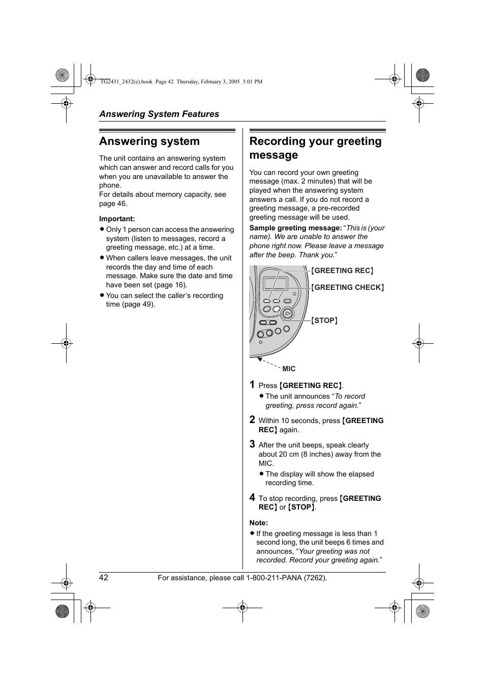Answering system features, Answering system, Recording your greeting message | Panasonic KX-TG2431. User Manual | Page 42 / 72