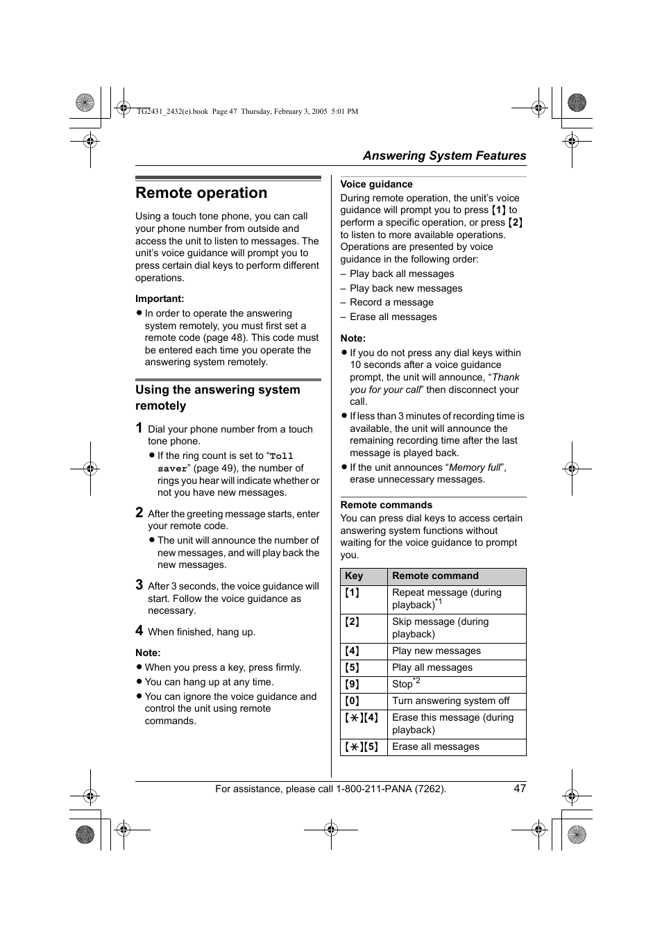 Remote operation | Panasonic KX-TG2431. User Manual | Page 47 / 72