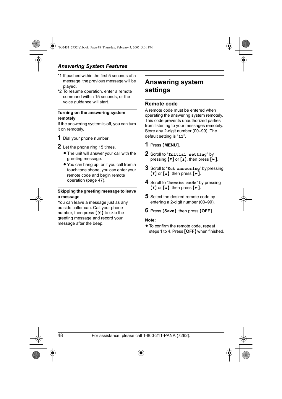 Answering system settings | Panasonic KX-TG2431. User Manual | Page 48 / 72