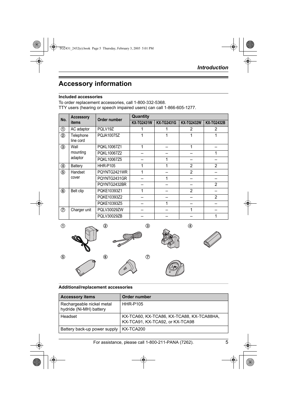 Accessory information | Panasonic KX-TG2431. User Manual | Page 5 / 72