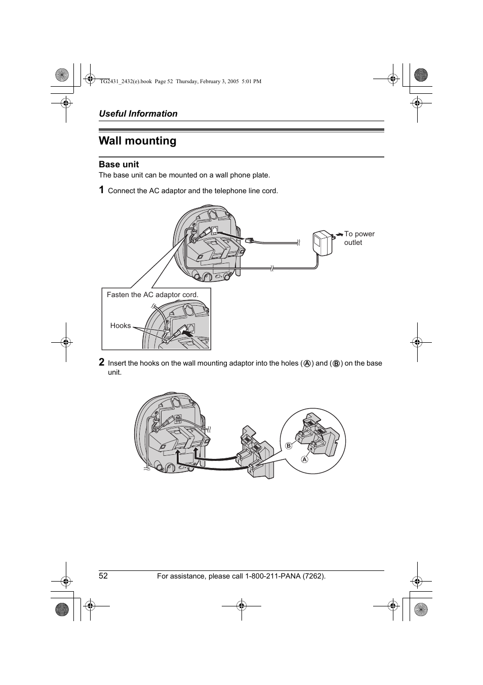 Wall mounting | Panasonic KX-TG2431. User Manual | Page 52 / 72