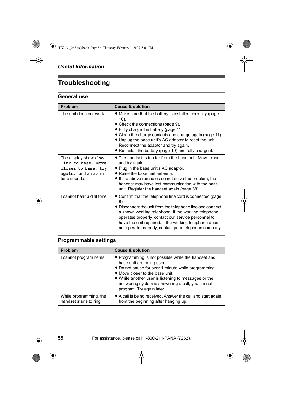 Troubleshooting | Panasonic KX-TG2431. User Manual | Page 56 / 72