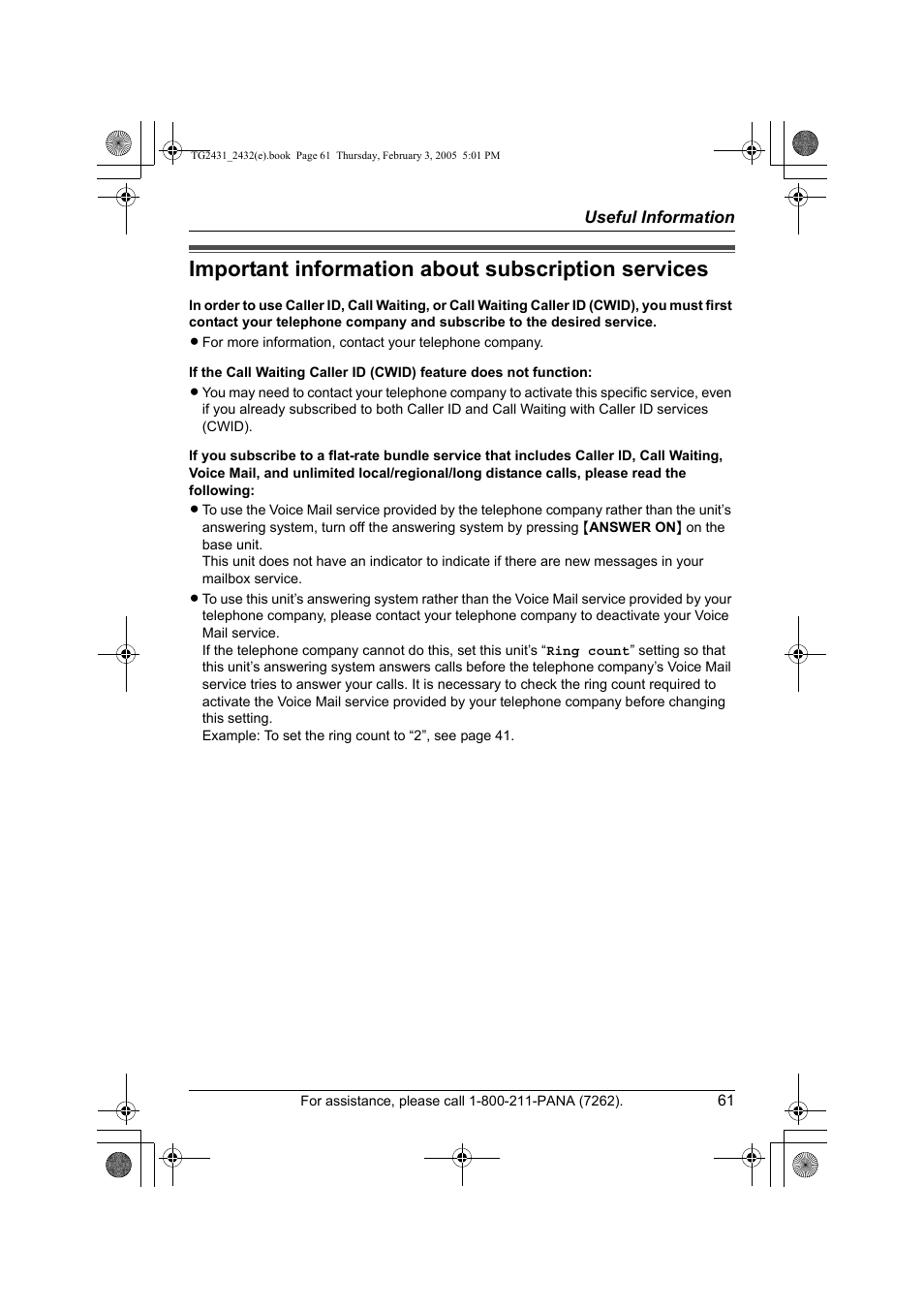 Important information about subscription services | Panasonic KX-TG2431. User Manual | Page 61 / 72