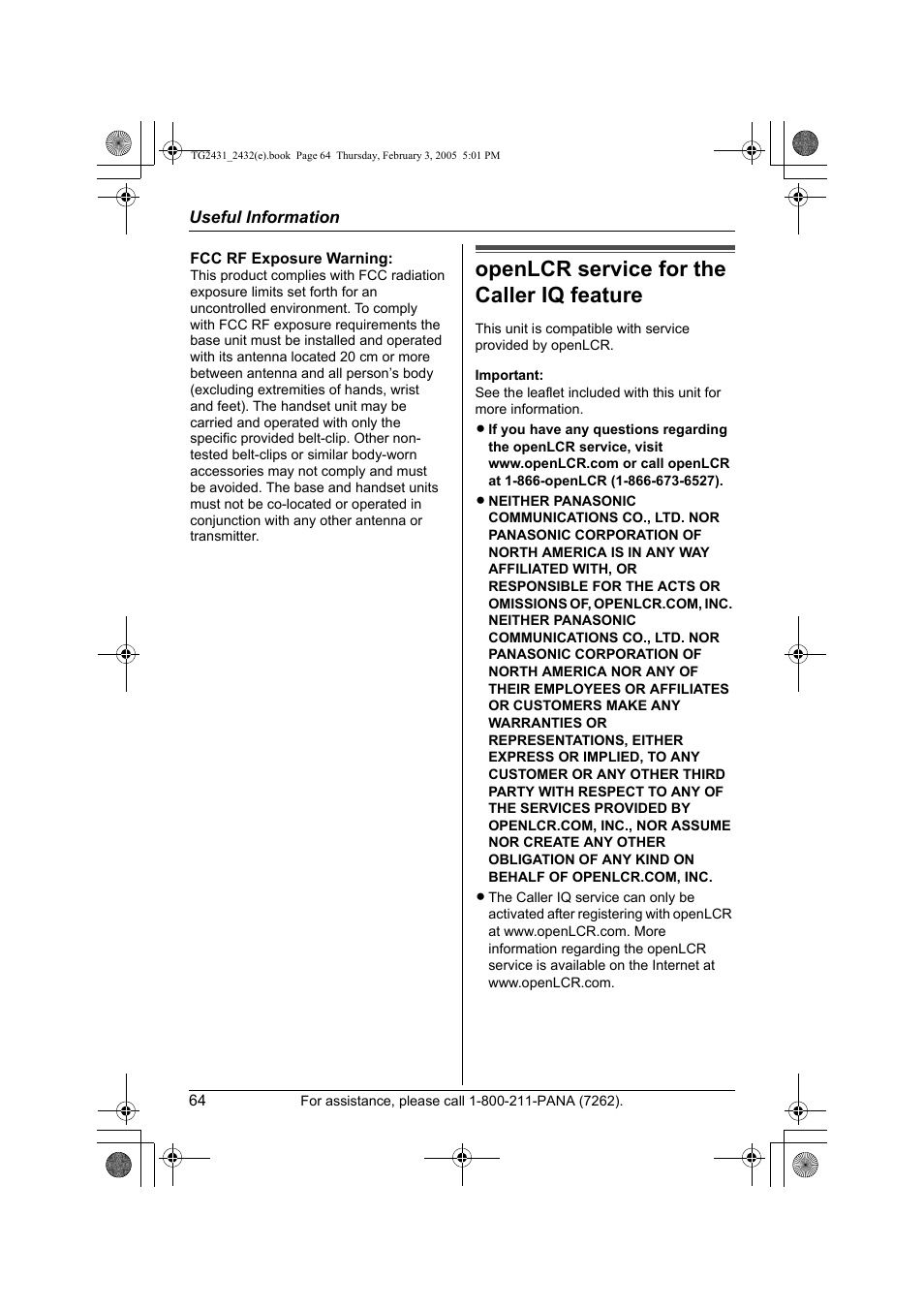Open lcr service for the caller iq feature, Openlcr service for the caller iq feature | Panasonic KX-TG2431. User Manual | Page 64 / 72