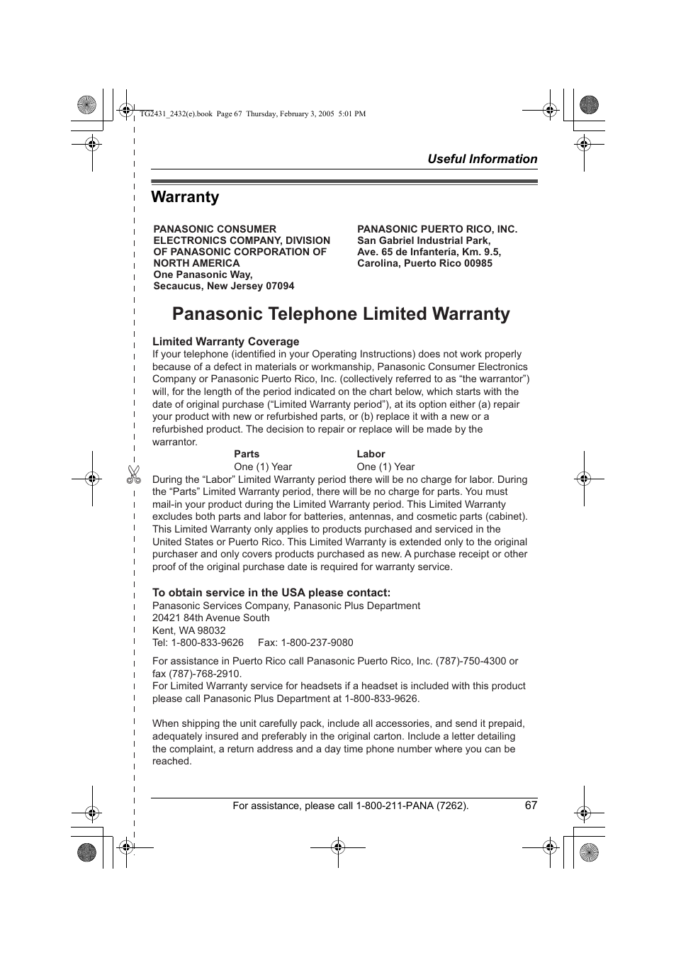 Warranty, Panasonic telephone limited warranty | Panasonic KX-TG2431. User Manual | Page 67 / 72