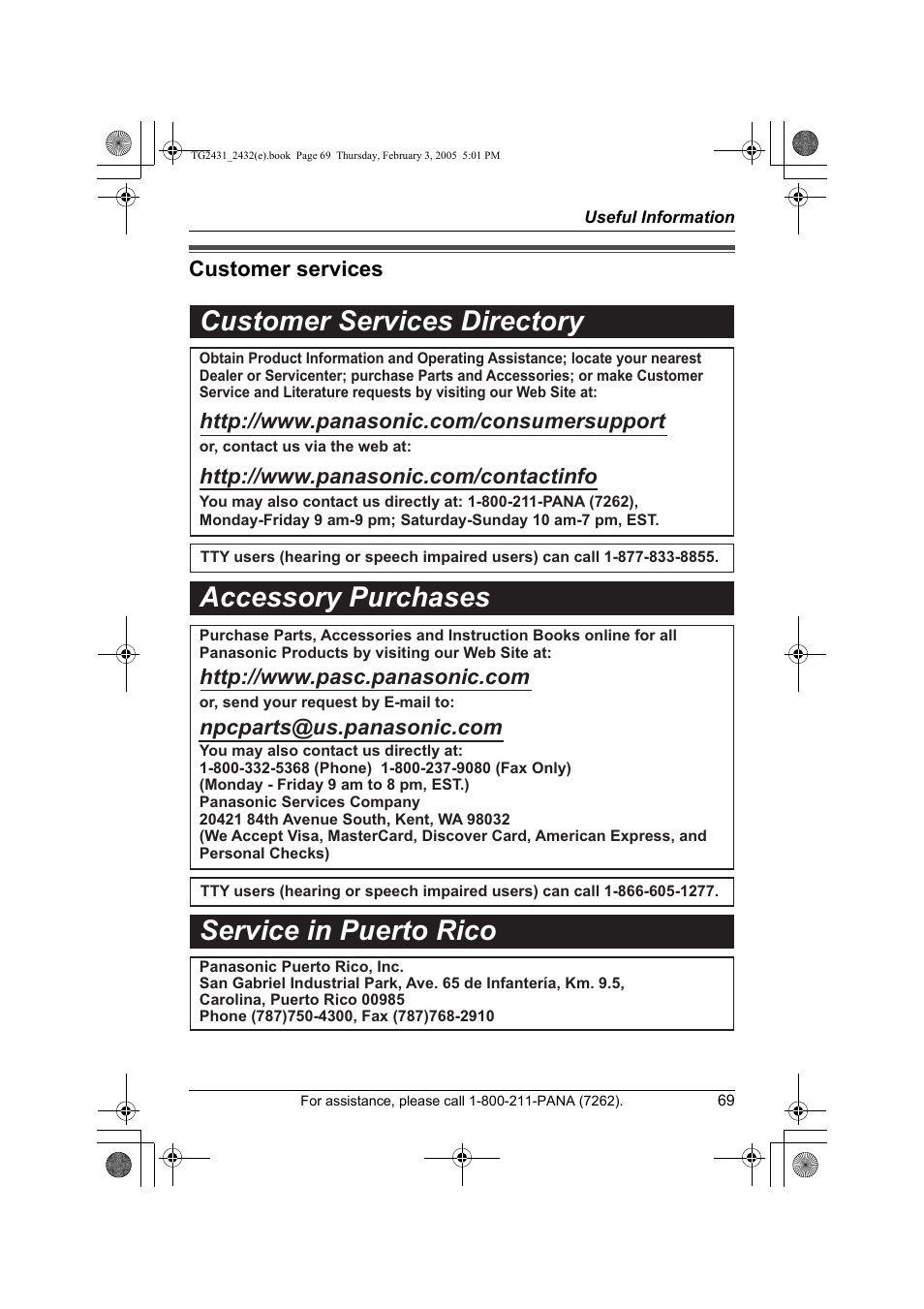 Customer serivices, Customer services directory, Accessory purchases service in puerto rico | Panasonic KX-TG2431. User Manual | Page 69 / 72